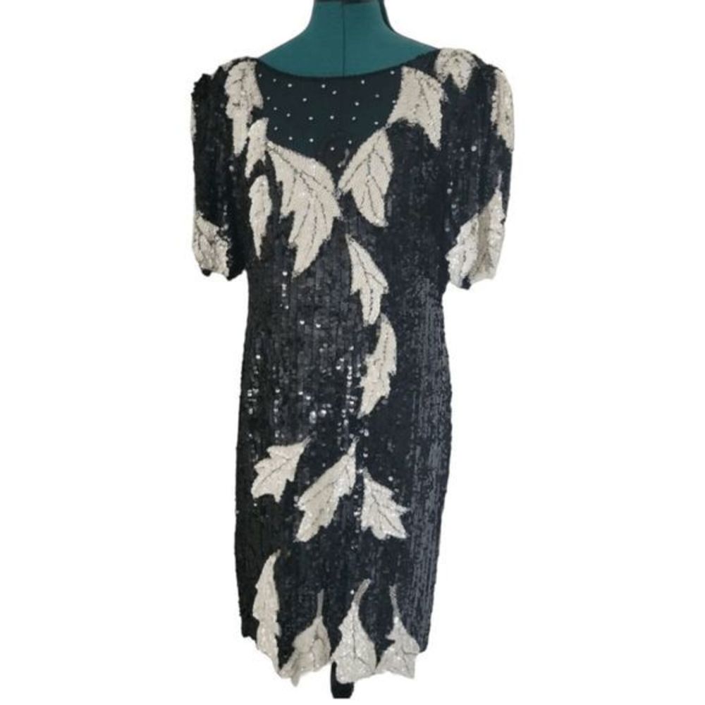 Women's 80s vintage glam Cocktail Party Dress Evening Black/white Sequin sparkly